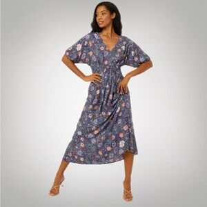 Lovestitch  Dress M Boho Floral Maxi V-Neck Tassel Back Smocked Waist Rayon